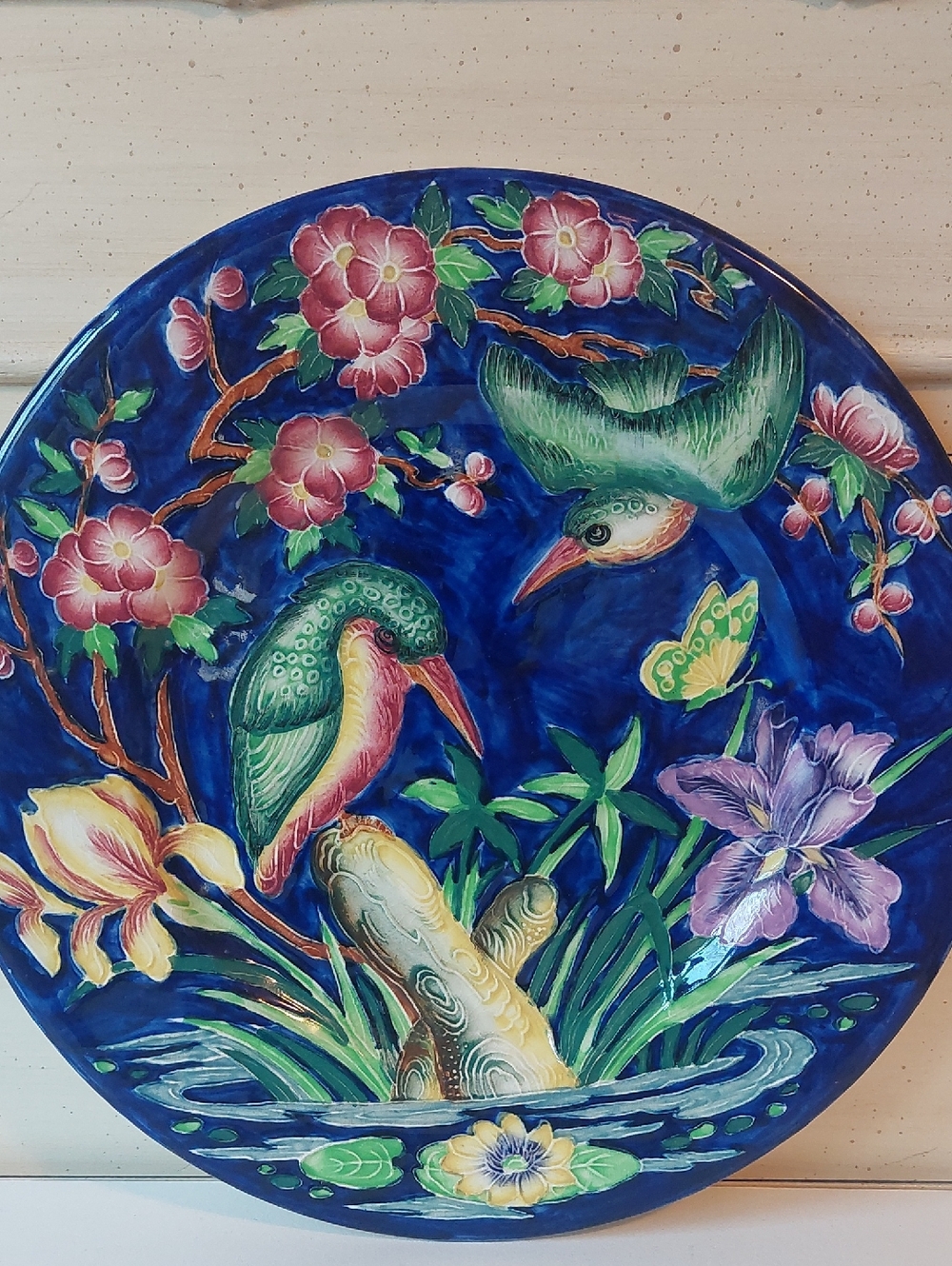 VTG Maling Hand-Painted Blue Floral & Kingfisher Majolica ENGLAND plate